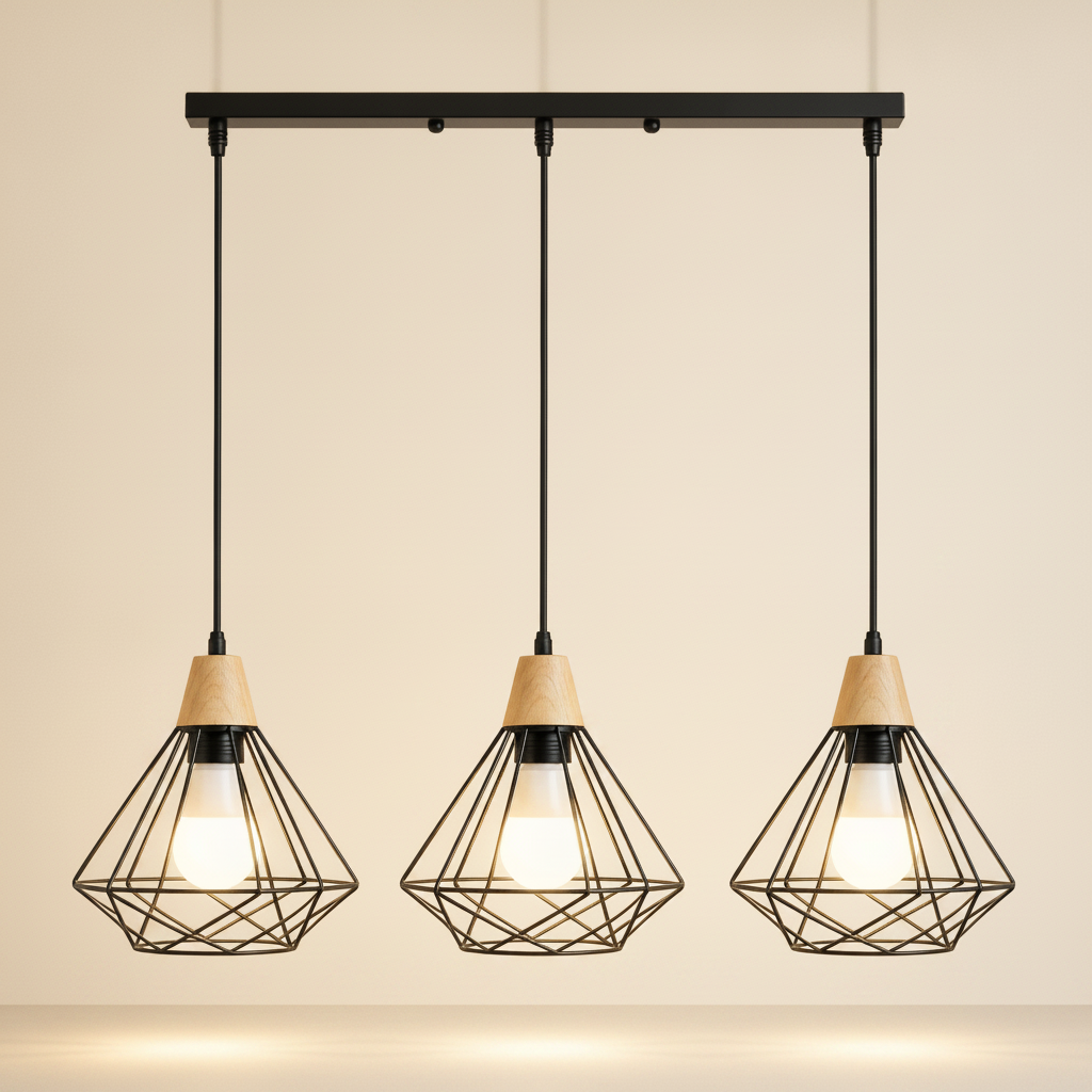 Suspension Industrielle - Cage Diamant Fer Et Bois