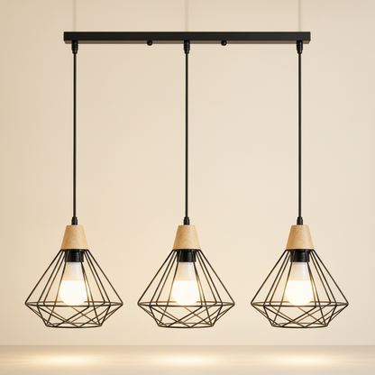 Suspension Industrielle - Cage Diamant Fer Et Bois