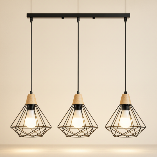 Suspension Industrielle - Cage Diamant Fer Et Bois