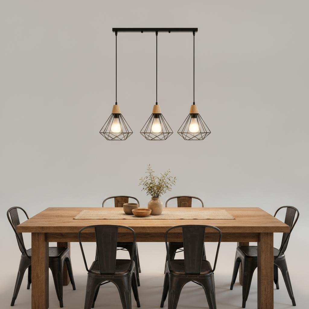 Suspension Industrielle - Cage Diamant Fer Et Bois