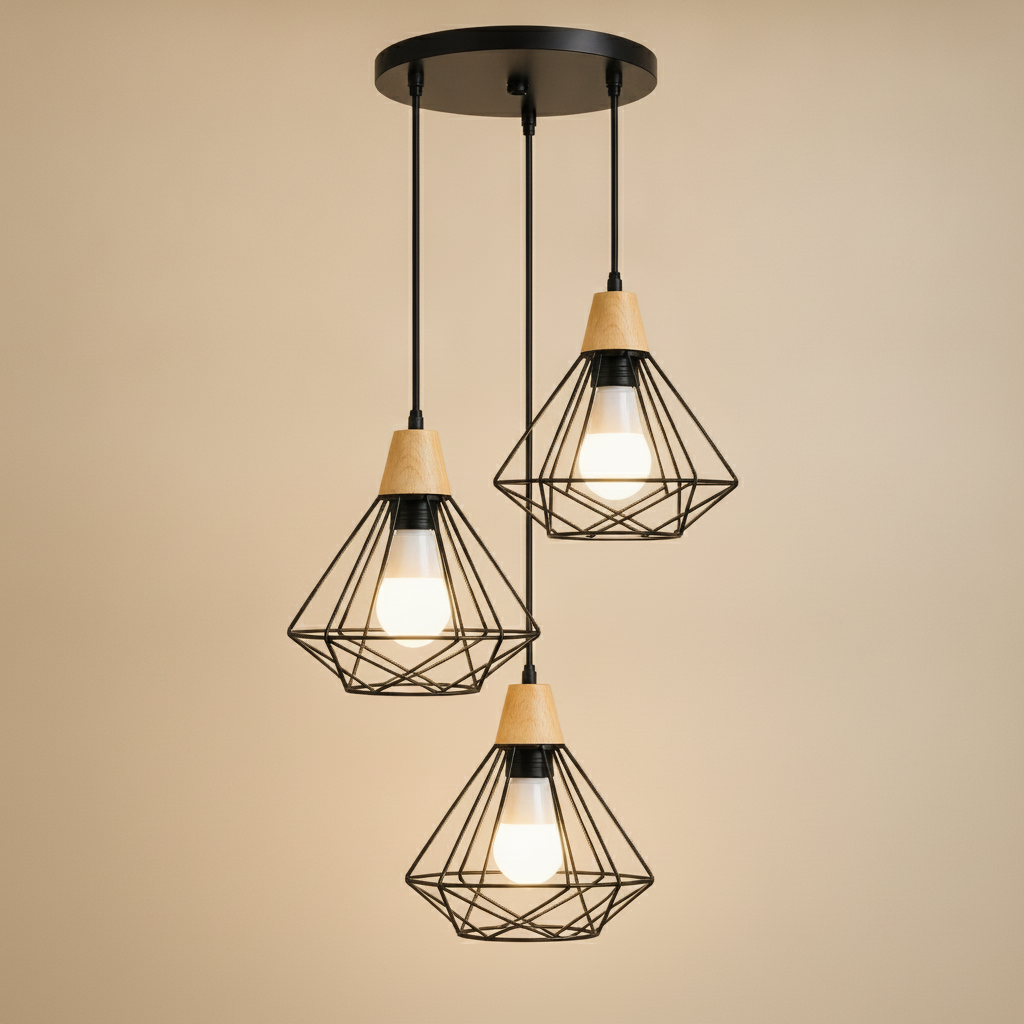 Suspension Industrielle - Cage Diamant Fer Et Bois