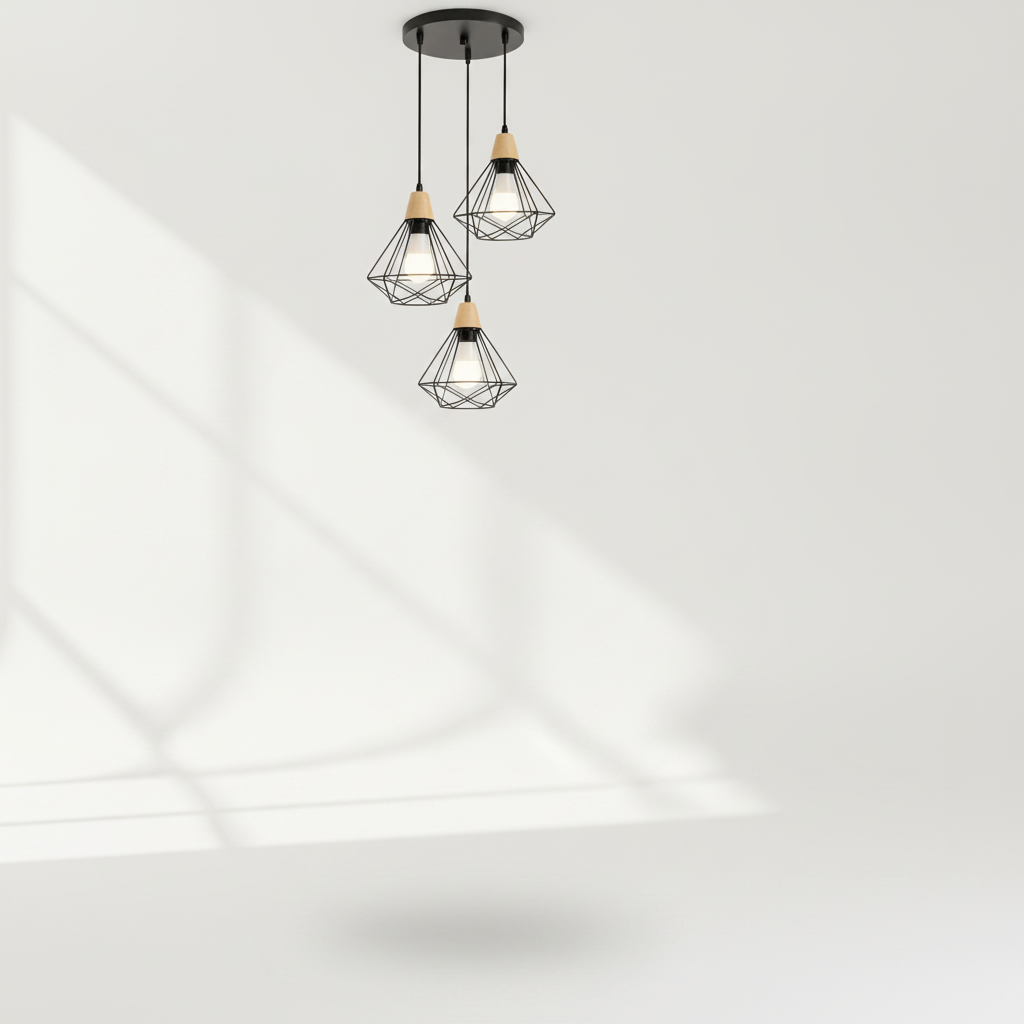 Suspension Industrielle - Cage Diamant Fer Et Bois