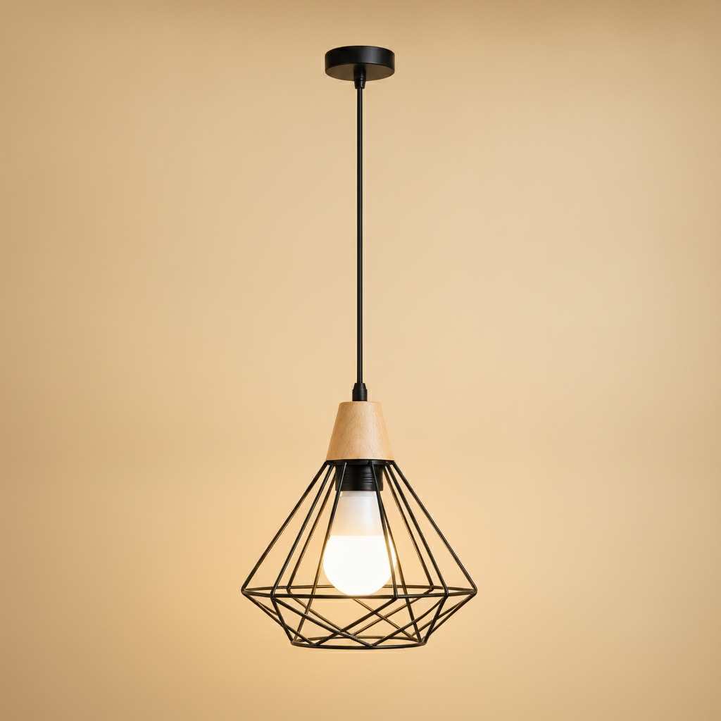 Suspension Industrielle - Cage Diamant Fer Et Bois
