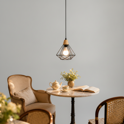 Suspension Industrielle - Cage Diamant Fer Et Bois