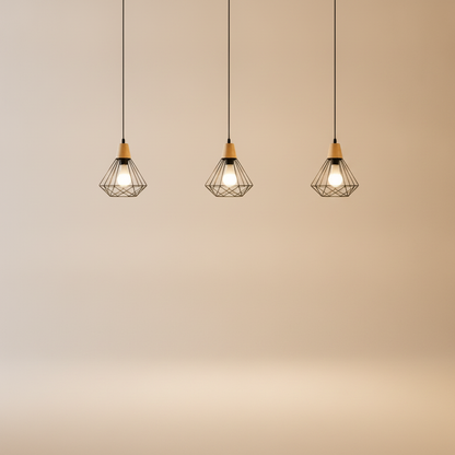 Suspension Industrielle - Cage Diamant Fer Et Bois