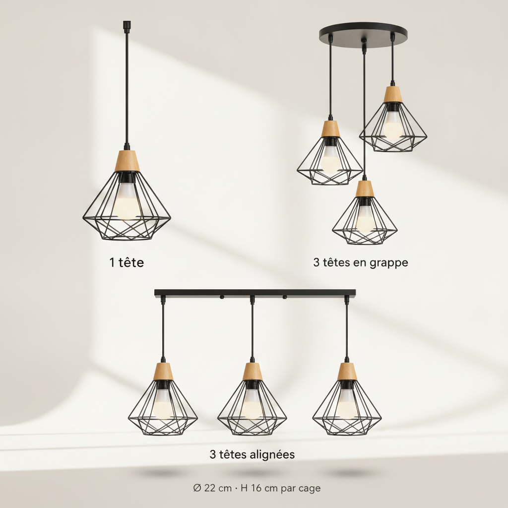 Suspension Industrielle - Cage Diamant Fer Et Bois