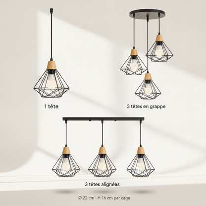 Suspension Industrielle - Cage Diamant Fer Et Bois
