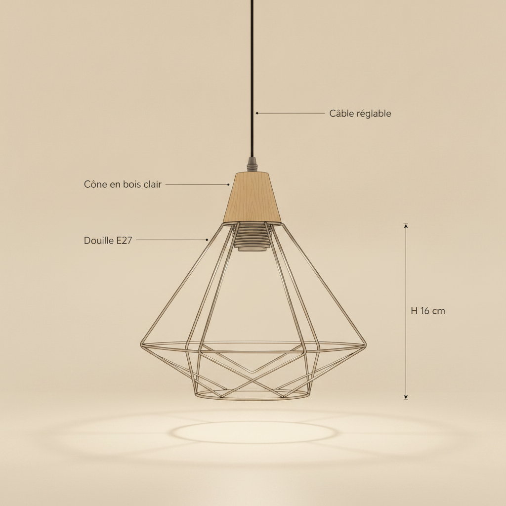 Suspension Industrielle - Cage Diamant Fer Et Bois