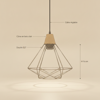 Suspension Industrielle - Cage Diamant Fer Et Bois